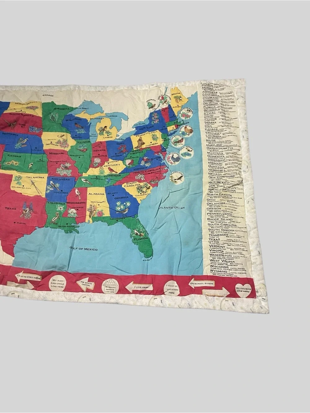 Vintage United States Wall Hanging Quilt Map State Flower/Bird Classroom Decor